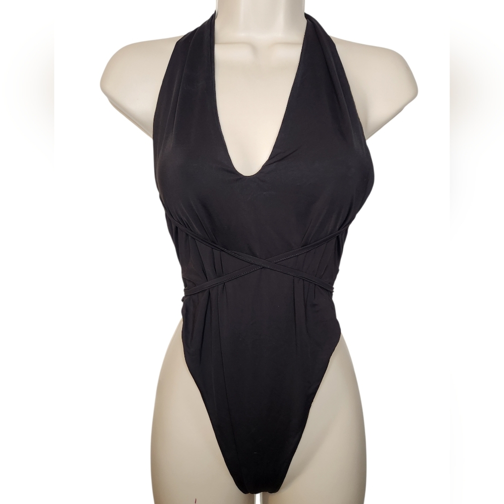 Four Three Seven Black One Piece Halter Wrap Tie Swimsuit Plunge Large